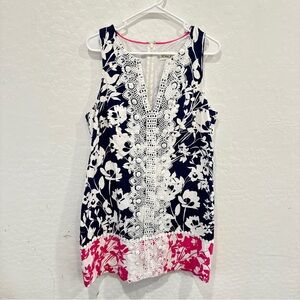 Eliza J Sleeveless Shift Dress Womens 14 White Navy Pink Floral Lace Trim Preppy